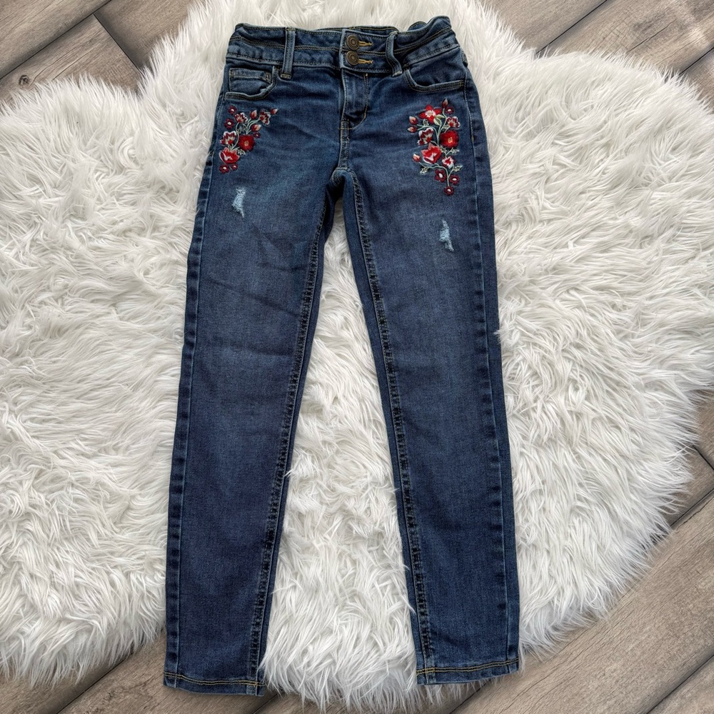 SO Dark Blue Girls Jeans with Floral Embroidery